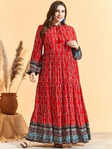 2020 Fashion Summer Dress Women Turtleneck Long Sleeve Floral Print Bohemian Beach Dress For Holiday Plus Size Maxi Long Dresses