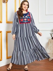 Autumn Dress Women 2020 Fashion Long Sleeve Striped Print Embroidery Floral Casual Dress Loose Plus Size Women Clothing