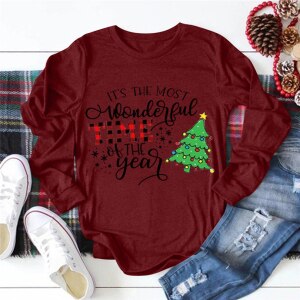 Christmas T-Shirt Women Xmas Top Christmas Deer Print Long Sleeve Shirt Female Winter Clothes Plus Size Tops Streetwear A40