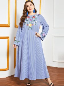 Spring Summer 2021 Women Fashion Dress Plus Size Female Long Sleeve Embroidery Floral Striped Dress Loose Maxi Long Dresses