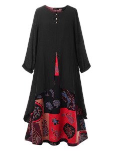 M-5XL Plus Size Dress Women Summer Long Sleeve Vintage Printing Patchwork Elegant Dress Cotton And Linen Maxi Long Dresses