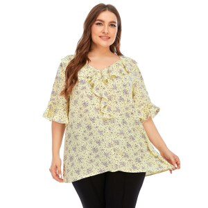 5XL Plus Size Long Blouse Shirt Women Summer Ruffles V Neck Half Sleeve Floral Print Boho Chiffon Blouse Loose Ladies Tunic Tops