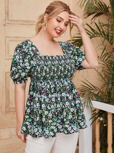 2020 Fashion Women Summer Blouse Plus Size Elegant Square Collar Short Sleeve Floral Print Boho Blouse Ladies Tunic Tops