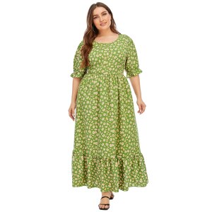 Floral Boho Beach Dress Women Summer Short Sleeve Floral Print Ruffles Dresses Maxi Long Dress 5XL Plus Size Women Clothing