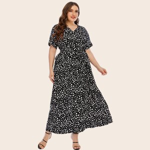 2020 Woman Summer Casual Dress Plus Size 5XL V Neck Short Sleeve Dot Print Long Dresses Black Loose Maxi Dress Women Clothing