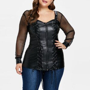 5XL Plus Size Faux PU Leather Blouse Women Elegant Hollow Out Sleeve Lace Up Tie Slim Tight Sexy Blouse Shirt Black Ladies Tops