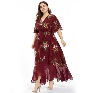 Women Summer Dress Plus Size 4XL 5XL Female V Neck Short Sleeve Floral Print Ruffles Boho Beach Dress Maxi Long Wrap Dresses