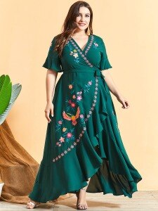 Plus Size Summer Dress 2020 Fashion Summer V Neck Short Sleeve Embroidery Floral Ruffles Irregular Dress Maxi Long Boho Dresses