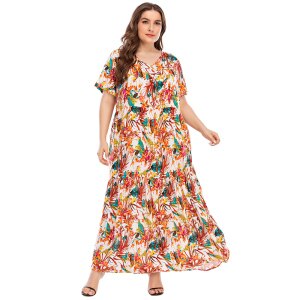 Loose Plus Size Women Clothing 2020 Summer V Neck Short Sleeve Printing Casual Dress Cotton Big Oversized Maxi Long Dresses