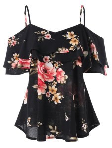 S-5XL Plus Size Blouse Shirt Women Summer Cold Shoulder Short Sleeve Floral Print Ruffles Strap Chiffon Blouse Boho Beach Tops