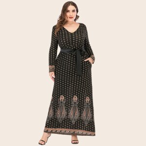 2020 Autumn Winter Dress Long Sleeve Women V Neck Retro Printing Vintage Turkey Dubai Muslim Dress Maxi Plus Size Women Clothing