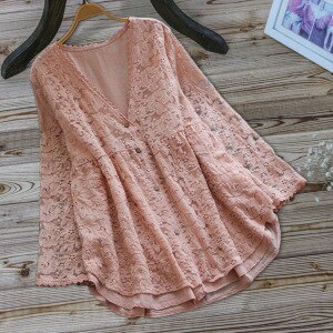 M-5XL Plus Size Lace Blouse Shirt Women Summer V Neck Long Sleeve Lace Crochet Hollow Out Casual Blouse Ladies Tops