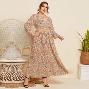 2021 Fashion V Neck Long Sleeve Dress Women Summer Floral Print Pleated Boho Beach Dress Maxi Plus Size Women Clothing