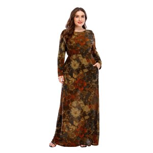 2020 Autumn Winter Dress Plus Size 5XL Women Long Sleeve Retro Floral Print Vintage Dress Pockets High Waist Maxi Long Dresses