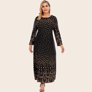5XL 6XL Plus Size Dress Women Autumn Winter Long Sleeve Dot Geometric Print Ladies Tunic Maxi Long Dresses Islamic Clothing
