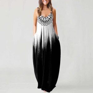 Women Maxi Dress Summer O-neck Boho Graphic Flower Print Sleeveless Plus Size Pullover Long Dresses Sexy Straps Pocket Dress A40