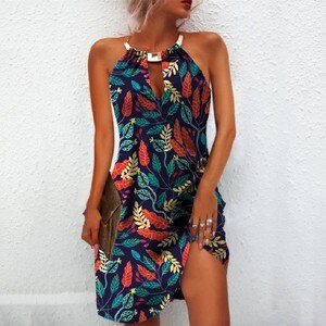 Summer Dress 2021 Fashion Women’s Summer Casual Metal Hanging Neck Printed Strapless Dress Plus Size Women Clothing vintage A40