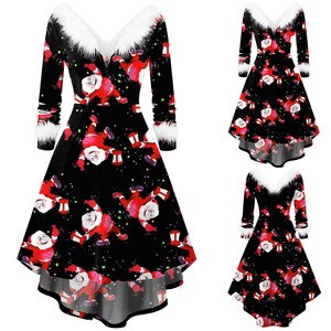 Dresses For Women 2021 Christmas Faux-plush Panel Long Sleeve V Collar Asymmetrical Party Midi Dress Plus Size Women Clothing
