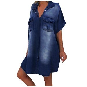 Fashion Women’s Plus Size Asymetric Denim Dresses Batwing Short Sleeve Knee Length Mini Dress Summer Jeans Loose Dress Vestidos