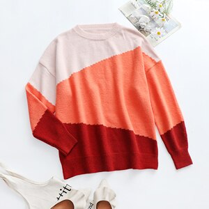 Knitwear 2021 Autumn Women Knitwear Sweater Casual Round Neck Loose Plus Size Commuter Striped Loose Top Fashion Ladies Blouse