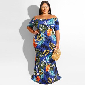 Off Shoulder Dress Plus Size Women Summer Short Sleeve Floral Print Slim Bodycon Mermaid Dresses Maxi Long Party Dress