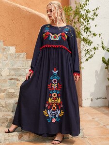Loose Oversized Summer Dress Women 2021 Long Sleeve Embroidery Floral Elegant Bohemian Dress Plus Size Abaya Dubai Muslim Dress