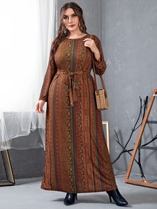 2021 Spring Long Sleeve Dress Women Retro Printing Vintage Dress Belted Plus Size Maxi Long Dubai Abayas Muslim Dress