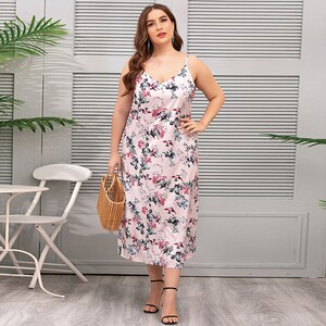 2021 Summer Sleepwear Dress Women V Neck Sleeveless Floral Print Strap Backless Sexy Dress Plus Size Maxi Women’s Home Clothes