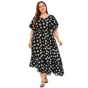 5XL Plus Size Summer Dress Women Short Sleeve Floral Print Ruffles Irregular Boho Beach Dresses Loose Oversize  Maxi Long Dress