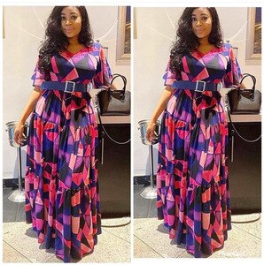 2021 Women’s Summer Dress Plus Size Female Short Sleeve Geometric Print Casual Dress Belted High Waist Ladies Party Dresses