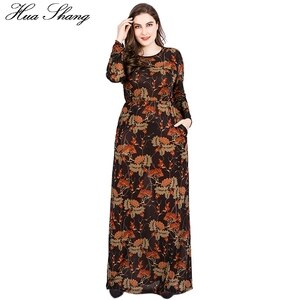 6XL Plus Size Long Dresses With Long Sleeve Women Summer Retro Floral Printing Vintage Dress Pockets Floor Length Party Dress