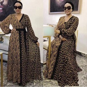 2021 Fashion Summer Long Sleeve Dress Women V Neck Striped Dot Print Patchwork Elegant Dress Plus Size Maxi Long Dresses