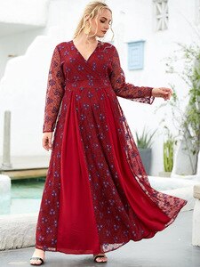 2021 Spring Autumn Party Dress Plus Size Women V Neck Long Sleeve Lace Patchwork Elegant Evening Prom Dress Maxi Long Dresses
