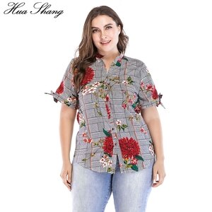 5XL 6XL 7XL Plus Size Plaid Shirt Women 2020 Summer V Neck Short Sleeve Floral Print Casual Womens Tops And Blouse Chemise Femme