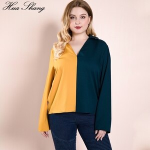 Contrast Color Blouse Plus Size Women Summer V Neck Long Sleeve Casual Tunic Blouse Tops Loose Ladies OL Work Office Shirt