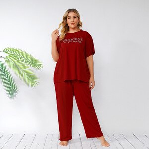 2021 Summer Plus Size Pajamas For Women Red T-shirt And Long Pants Home Wear Two Piece Suits 4XL 5XL Sleepwear Home Clothes