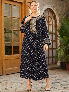 2021 Spring Autumn Abaya Dubai Dress Women Polka Dot Print Embroidery Casual Dress Loose Plus Size Maxi Long Islamic Clothing