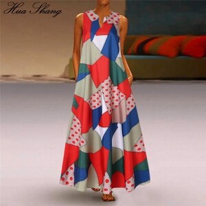 S-5XL Plus Size Plaid Dress Women Summer V Neck Sleeveless Geometric Print Contrast Color Long Dress Loose Oversize Maxi Dresses