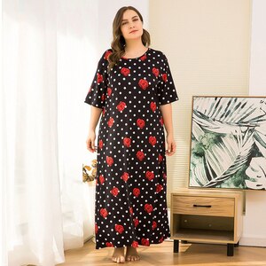 2021 Summer Plus Size Women Home Dress Long Pajamas For Women Large Loose Short Sleeve Black Dot Print Flower Dress Nightgrowns