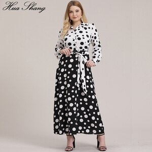5XL Plus Size Dress Women 2019 Autumn Long Sleeve Polka Dot Print Shirt Dress White And Black Contrast Color Maxi Long Dresses
