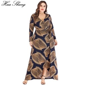 Maxi Long Dress Plus Size 6xl Women Summer V Neck Long Sleeve Golden Geometric Print Party Dress Belted Split Wrap Dresses