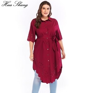 Red Women Shirt Short Sleeve Hollow Out Crochet Flower Elegant Irregular Ladies Tops 4xl 5xl Plus Size Muslim Women Long Shirts