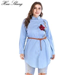 4XL 5XL 6XL Plus Size Women Shirts 2018 Spring Autumn Long Sleeve Shirt Blue Embroidery Floral Belted Irrgular Long Blouse Tops