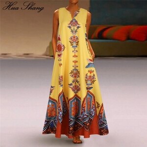 Women A Line Dress Plus Size 5XL 2019 Streetwear V Neck Sleeveless Retro Printing Vintage Dress Ladies Tunic Maxi Long Dresses