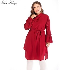 Autumn Winter Blouses For Women Plus Size 5XL Female Turn Down Collar Lantern Long Sleeve Blouse Shirt Red Beading Tunic Tops