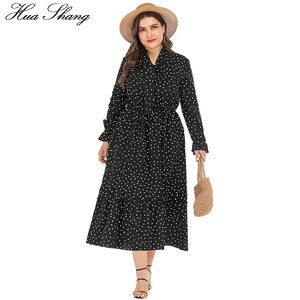 6XL Plus Size Shirt Dresses Women Polka Dot Summer Casual Long Sleeve Bohemian Maxi Dress Bow Knot Collar Tunic Beach Dresses
