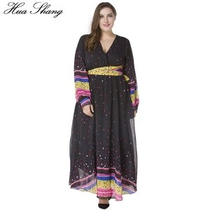 Women Summer V Neck Long Sleeve Chiffon Long Dress Sweet Lantern Sleeve Colorful Dot Print Belted Bohemian Beach Dress Plus Size