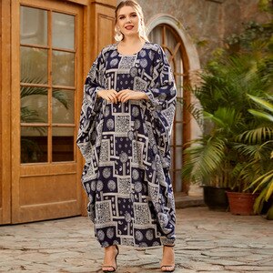 Loose Oversized Dubai Abaya Cardigan Dress 2021 Spring Autumn Retro Printing Vintage Dress Plus Size Islamic Clothing