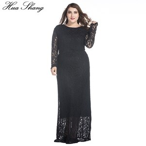 Spring Autumn Lace Dress Women Long Sleeve Lace Hollow Out Floor Length Party Dress High Waist Long Dress Plus Size Black White
