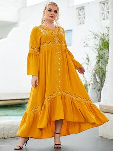 2021 Summer Long Sleeve Dress Plus Size 4XL Women V Neck Embroidery Ruffles Shirt Dress Maxi Long Boho Beach Dresses